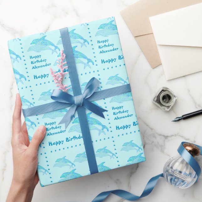 Ein Personalisierter Spaß Blue Dolphins zum Geburt Geschenkpapier (Schenken)