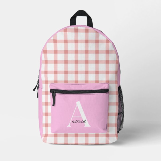 Ein personalisiertes rosa Gingham-Monogramm für Mä Bedruckter Rucksack (Vorderseite)