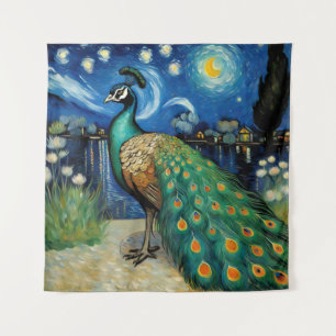 Ein Pfau in der Sternennacht Wandteppich