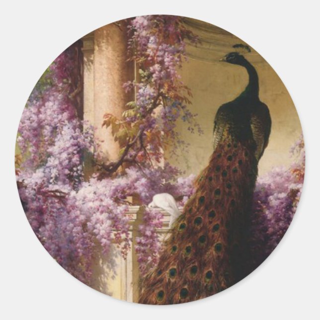 Ein Pfau und Tauben in einem Garten Print Runder Aufkleber (Vorderseite)