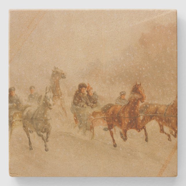 Ein Pferd Open Sleigh Race Weihnachten Steinuntersetzer (Vorderseite)