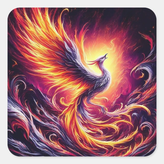 Ein Phönix, der aus feuerfester Asche aufsteigt. Quadratischer Aufkleber (Vorderseite)