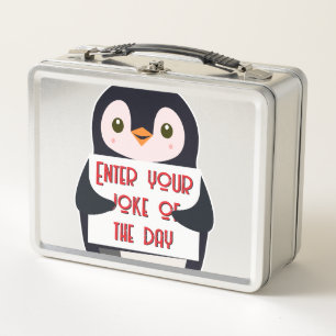 Ein Pinguin hält ein Schild mit individuellem Text Metall Brotdose