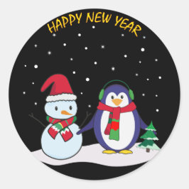 Ein Pinguin und Schneemann, Frohes Neues Jahr! Runder Aufkleber