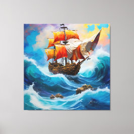 Ein Piratenschiff, das in einer Welle des Wassers  Leinwanddruck