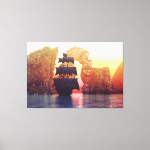 Ein Piratenschiff von einer Insel bei Sonnenunterg Leinwanddruck