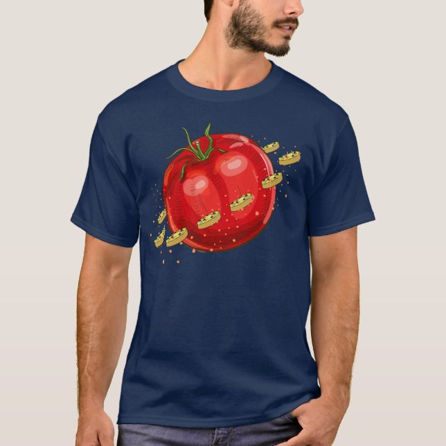 Ein Planet der Tomaten mit Pizzen um ihn herum T-Shirt (Vorderseite)