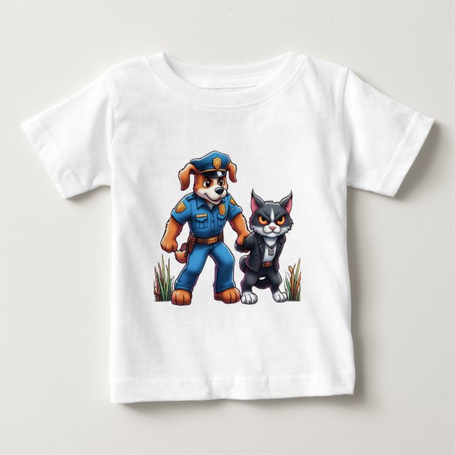 ein Polizeihund und eine gemeine Katze - Spaß Baby T-shirt (Vorderseite)