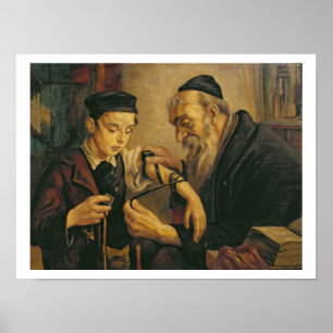 Ein Rabbi, der die Phylakterien an den Arm eines J Poster