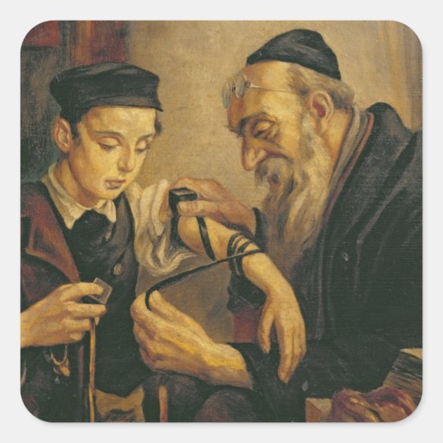 Ein Rabbi, der die Phylakterien an den Arm eines J Quadratischer Aufkleber (Vorderseite)