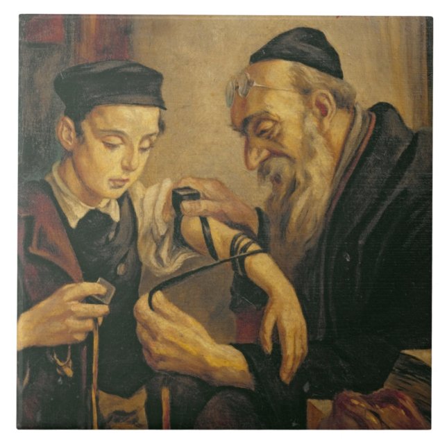 Ein Rabbiner, der die Gebetsriemen am Arm eines Fliese (Vorderseite)
