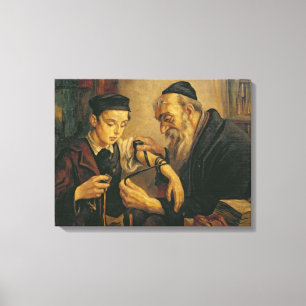 Ein Rabbiner, der die Gebetsriemen am Arm eines Leinwanddruck