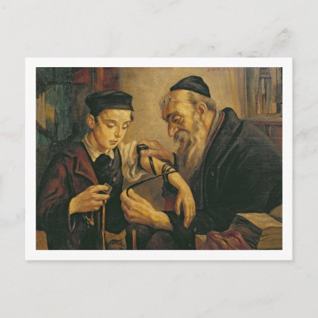 Ein Rabbiner, der die Gebetsriemen am Arm eines Postkarte (Vorderseite)