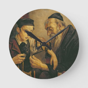 Ein Rabbiner, der die Gebetsriemen am Arm eines Runde Wanduhr