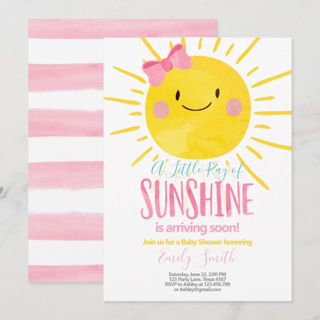 Ein Ray Sonnenschein-Kleine Girl-Pink-Babydusche Einladung (Vorne/Hinten)