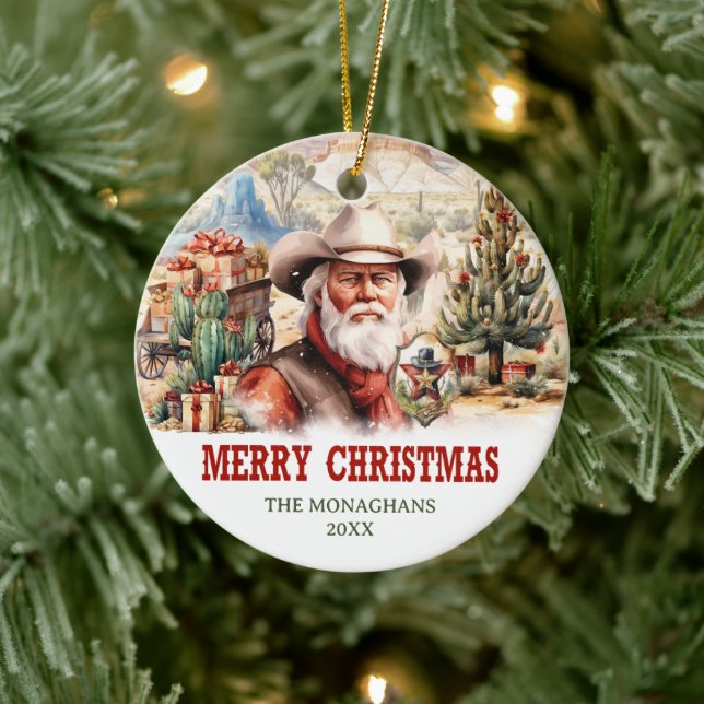 Ein realistisches Bild mit dem Santa Cowboy Keramik Ornament (Baum)