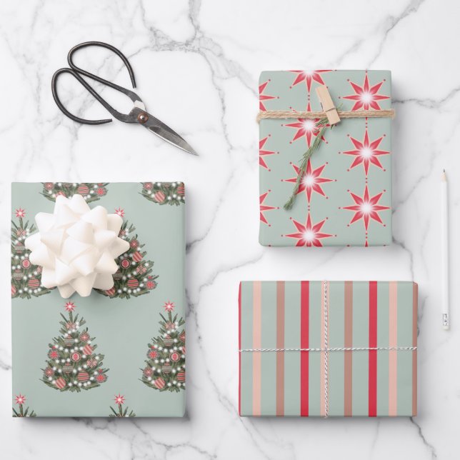 Ein Retro Frohe Weihnachtsbaum Geschenkpapier Set (Vorderseite)