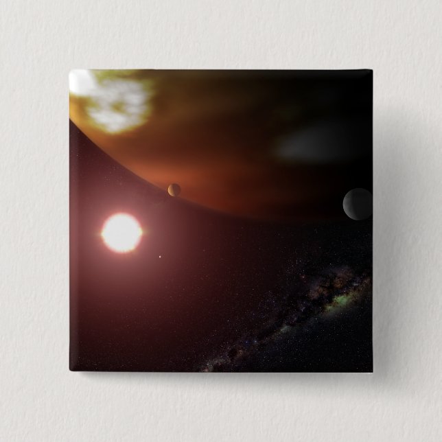 Ein riesiger Planet, der einen roten Zwergstar umk Button (Vorderseite)