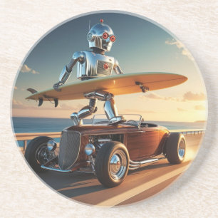 Ein Roboter, ein Surfbrett und ein Oldtimer Getränkeuntersetzer