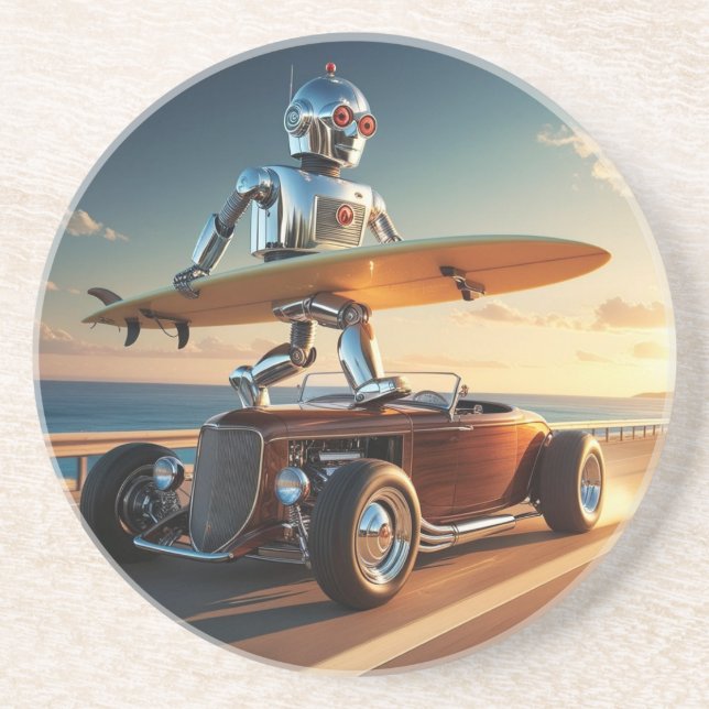 Ein Roboter, ein Surfbrett und ein Oldtimer   Getränkeuntersetzer (Vorne)