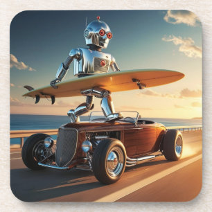 Ein Roboter, ein Surfbrett und ein Oldtimer Getränkeuntersetzer
