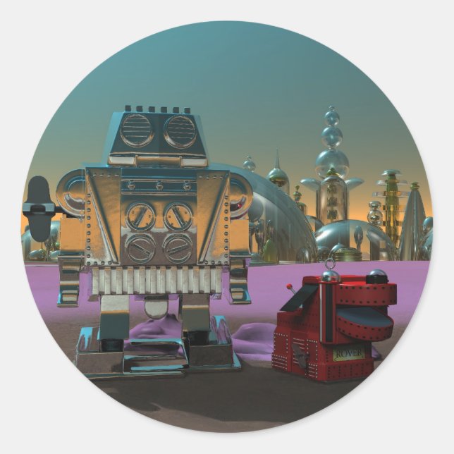 Ein Roboter und sein Hundeaufkleber Runder Aufkleber (Vorderseite)