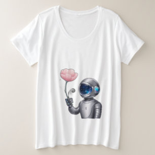 Ein Roboterastronaut, der eine Blume hält, mit Ste Große Größe T-Shirt