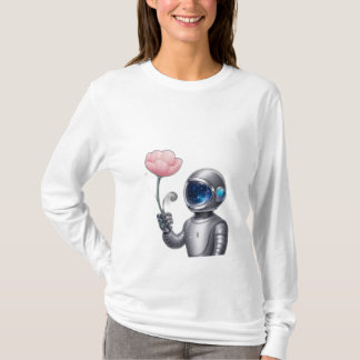 Ein Roboterastronaut, der eine Blume hält, mit Ste T-Shirt