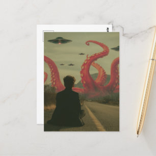 Ein rosa Oktopus und UFOs sitzen auf der Straße Postkarte