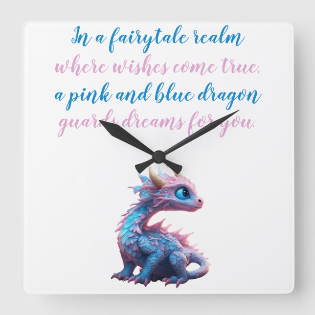 Ein rosa und blauer Drache bewacht Träume für Sie Quadratische Wanduhr (Vorderseite)