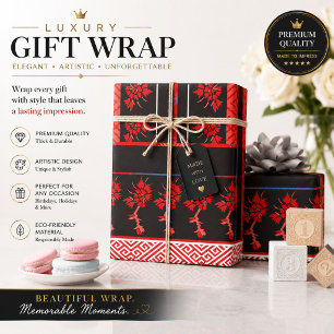 ein rotes und schwarzes Muster mit Blume darauf Geschenkpapier