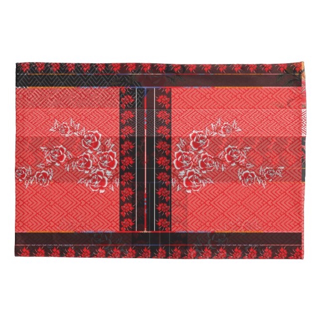ein rotes und schwarzes Muster mit Blume darauf Kissenbezug (Rückseite)