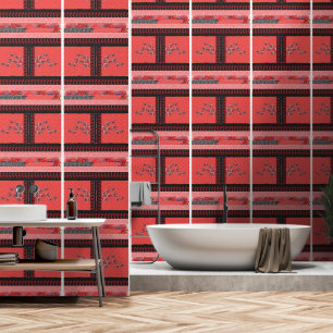 ein rotes und schwarzes Muster mit Blume darauf Tapete