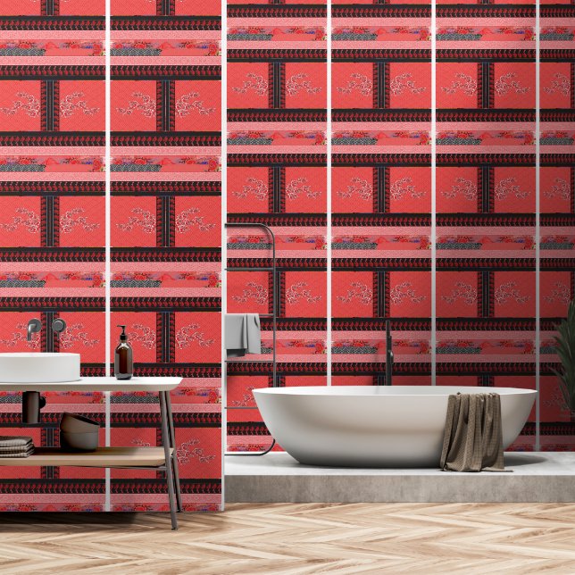 ein rotes und schwarzes Muster mit Blume darauf Tapete (Badezimmer)