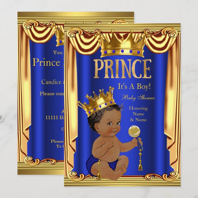 Ein Royal Blue Prince Baby Shower Gold Boy Ethnic Einladung (Vorne/Hinten)