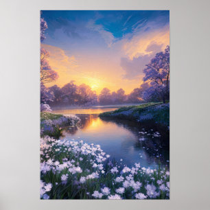 Ein ruhiger Fluss in einem Bed of White Blume Poster