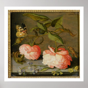 Ein ruhiges Leben mit Rosen auf einer Leiste Poster