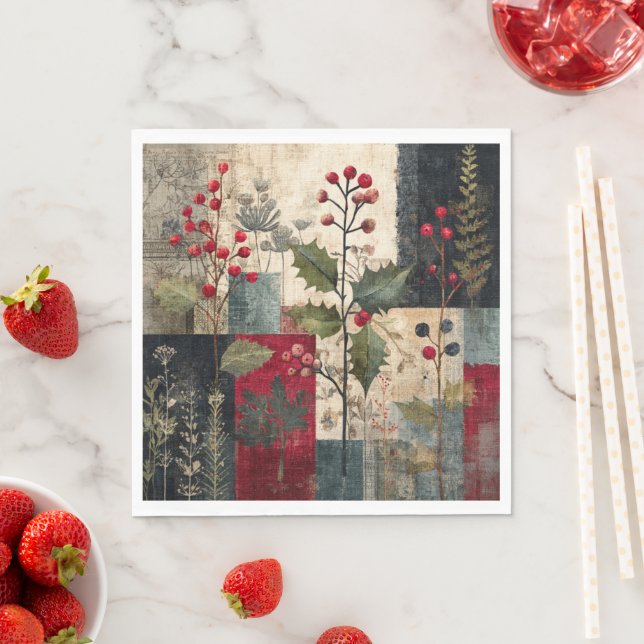 Ein rustikales Winter-Patchwork mit Stechpalmen-Be Serviette (Beispiel)