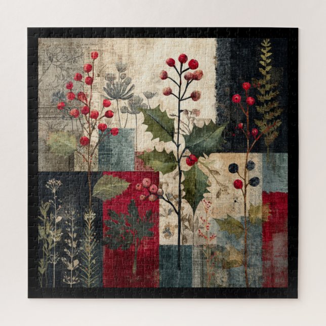 Ein rustikales Winter-Patchwork mit Stechpalmenbee (Vertikal)