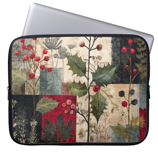 Ein rustikales Winter-Patchwork mit Stechpalmenbee Laptopschutzhülle (Vorderseite)