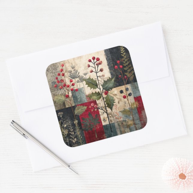 Ein rustikales Winter-Patchwork mit Stechpalmenbee Quadratischer Aufkleber (Umschlag)