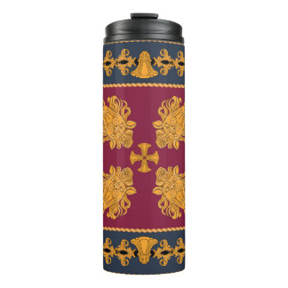 Ein Schal mit einem Muster aus goldenen Löwenköpfe Thermosbecher