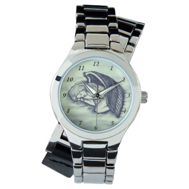Ein schlafender Engel auf den Himmelswolken in Grü Armbanduhr (Vorderseite)