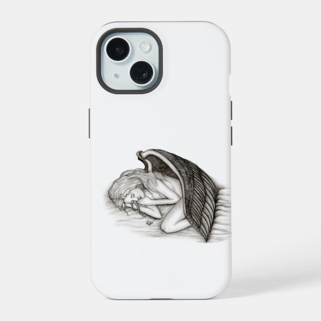 Ein schlafender Engel , schwarz-weiß Design iPhone 15 Hülle (Rückseite)