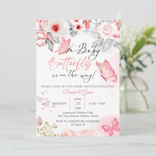 Ein Schmetterling ist unterwegs! Babydusche Einladung (Stehend Vorderseite)