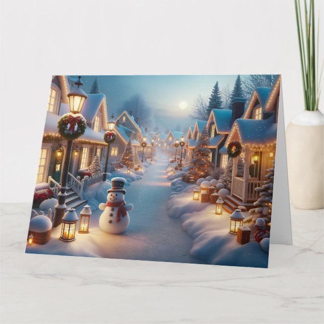 Ein schneebedecktes Dorf zu Weihnachten Karte (Vorderseite)