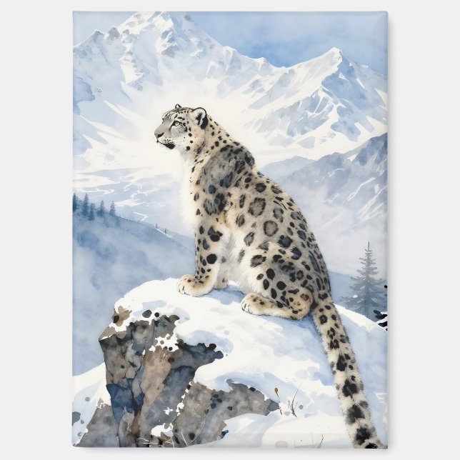 Ein Schneeleopard auf schneebedecktem Gipfel Magnet (Vorderseite)