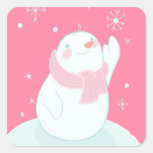 Ein Schneemann, der für eine fallende Schneeflock Quadratischer Aufkleber