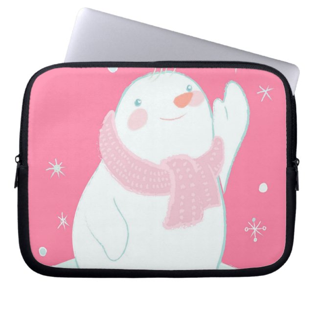Ein Schneemann, der für eine fallende Schneeflocke Laptopschutzhülle (Vorderseite)