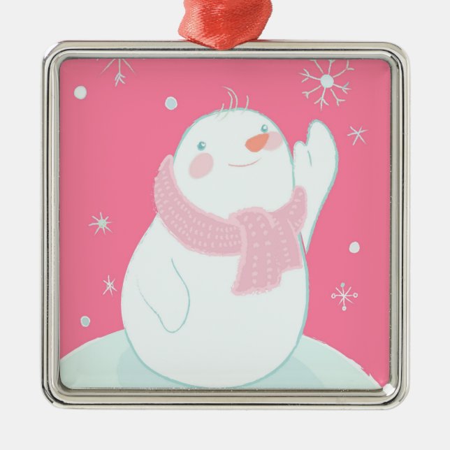 Ein Schneemann, der für eine fallende Schneeflocke Silbernes Ornament (Vorne)